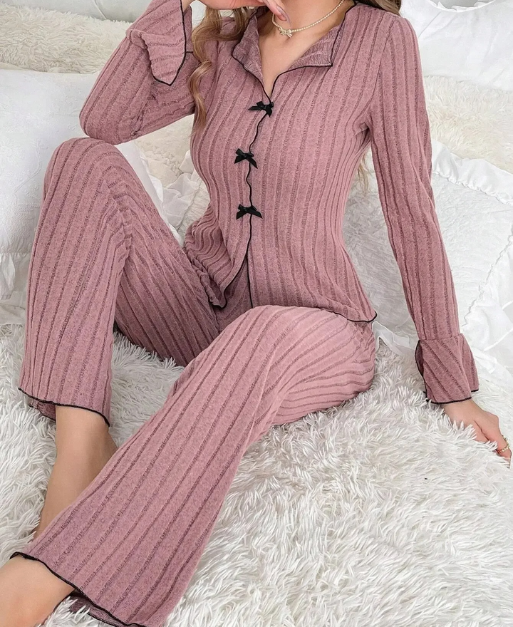 Pijama Feminino Longo Canelado com Laço